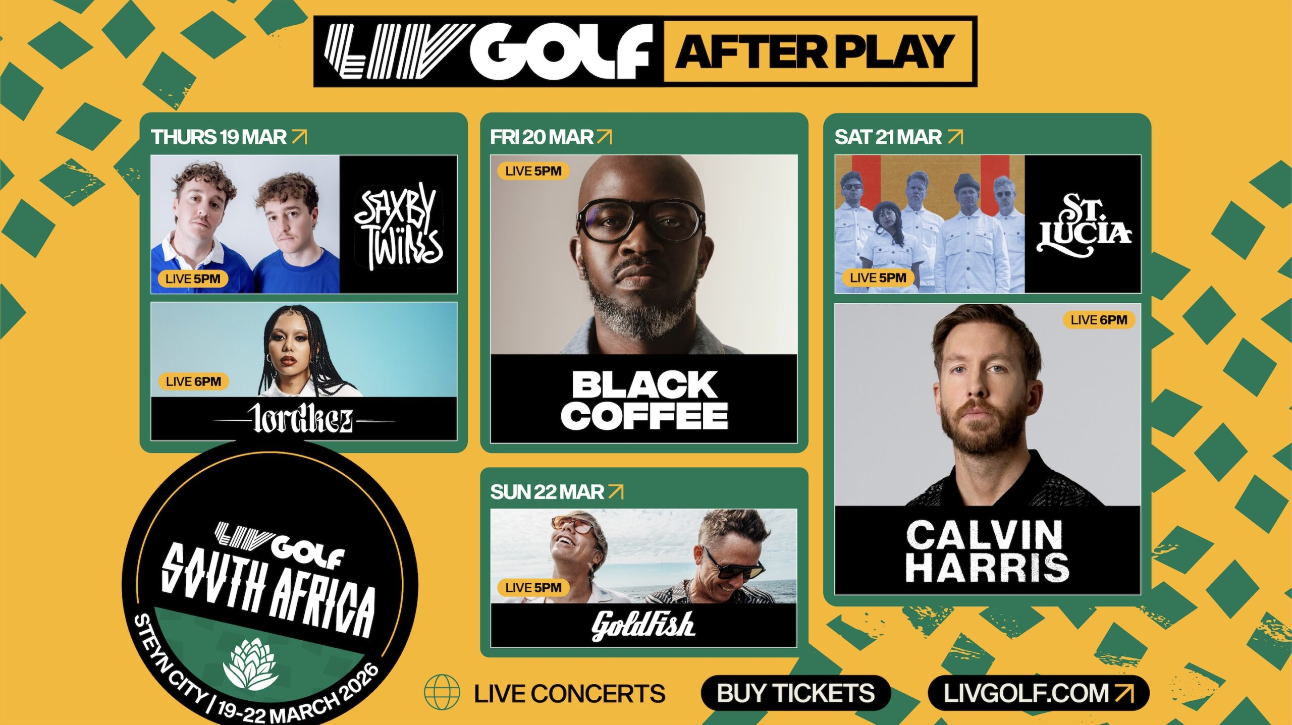 LIV GOLF SOUTH AFRICA UNVEILS BLOCKBUSTER CONCERT LINEUP FEATURING GLOBAL SUPERSTAR CALVIN HARRIS, ICONIC SOUTH AFRICAN ACTS BLACK COFFEE AND GOLDFISH, AND MORE 